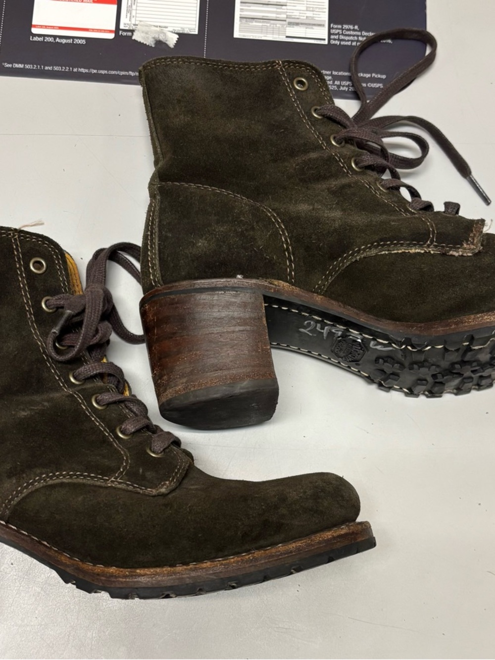 Frye Olive Green Suede Lace-Up Heeled Ankle Boots - Picture 2 of 7